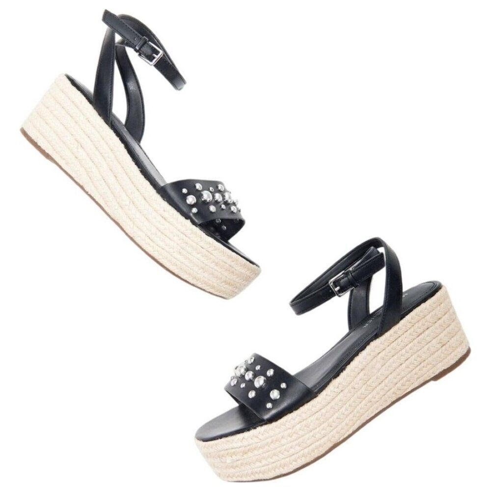 Marc Fisher Joyce Women Black Espadrille Studded Platform Slingback Sandal Size
